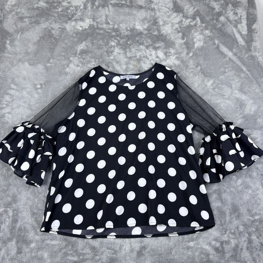 Womens‎ Polka Dot Blouse Black White 1X Sheer Mesh Ruffle Sleeve Feminine - Picture 12 of 16